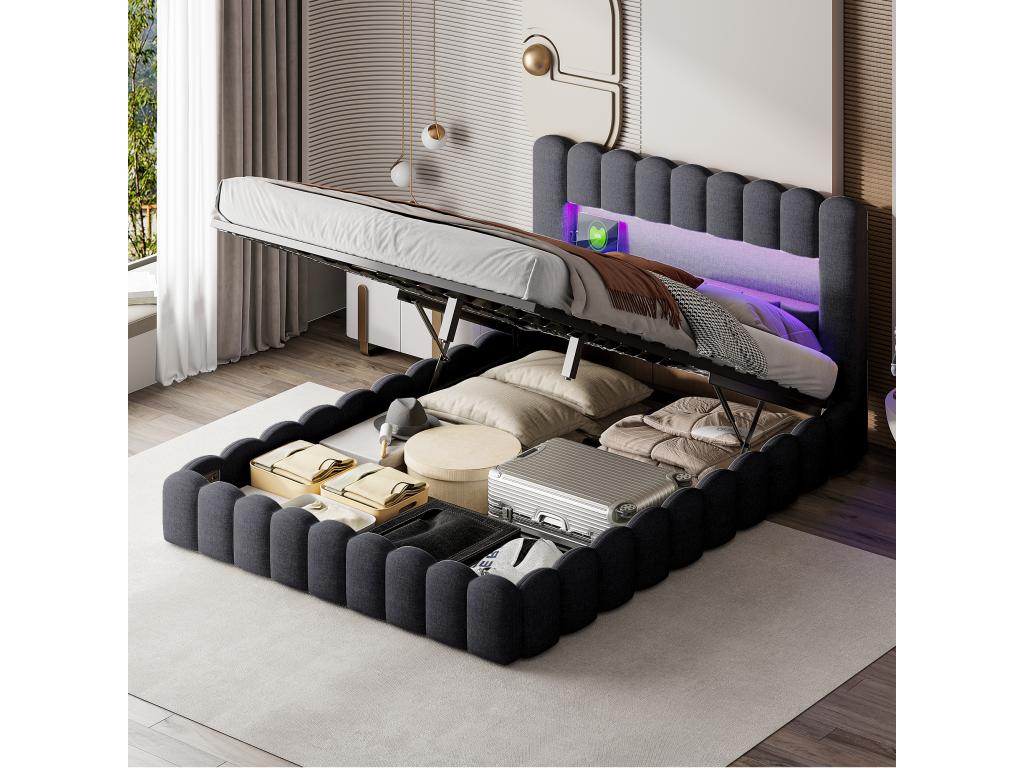 Lit double 140x200cm avec rangements lit de souche avec éclairage LED lin gris BKEC82348