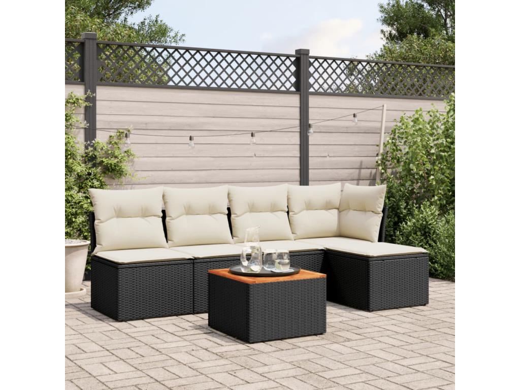 Salon de jardin 6 pcs avec coussins noir résine tressée NRZJ34390