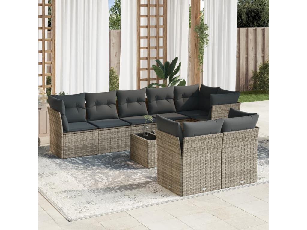 Salon de jardin 9 pcs avec coussins gris résine tressée LDCG99870