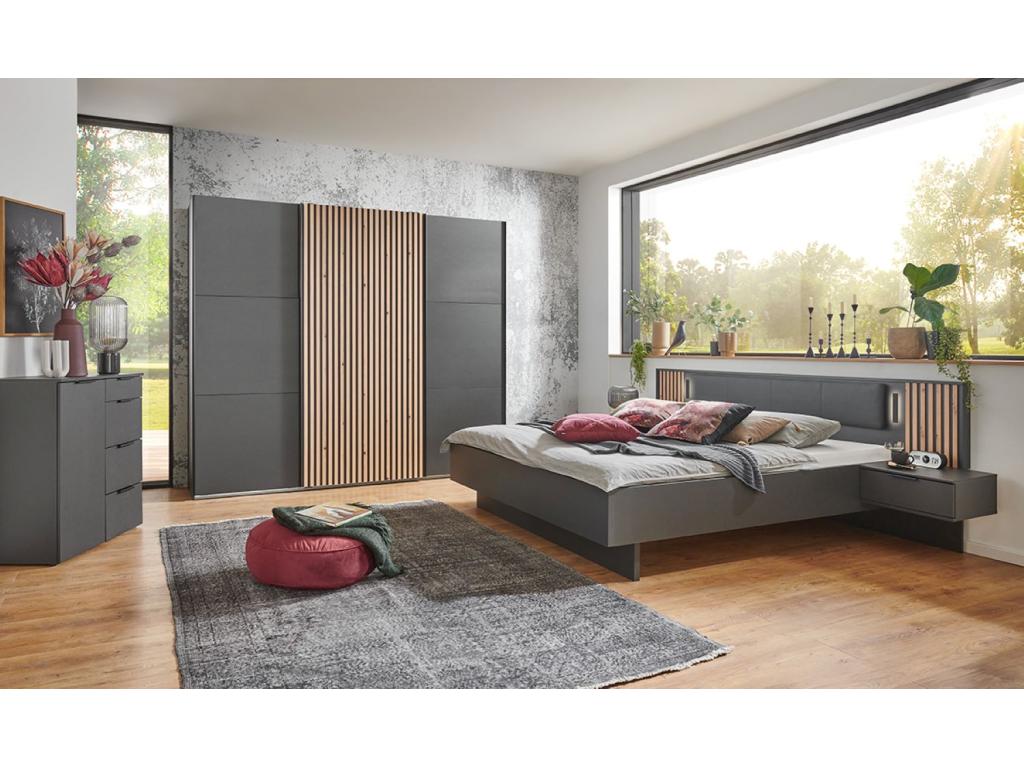 Lit adulte double 180x200 2 chevets coloris graphite lamelles imitation chêne Dekonao - Longueur 301 x Hauteur 104 x Profondeur 210 cm YYZB26533