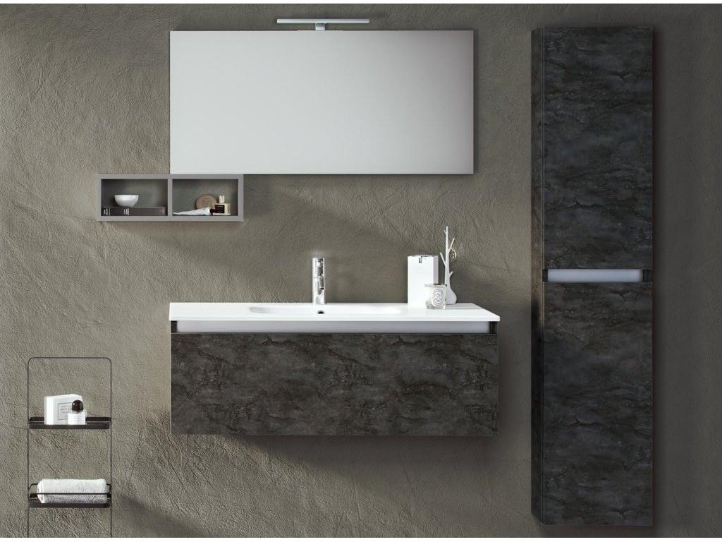 Ensemble meuble de salle de bain 1 tiroir 1 colonne gris Dekonao et miroir à LED Dekonao L 100cm PVDA72041