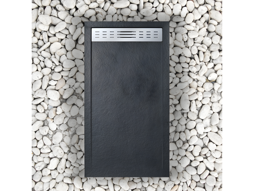 Receveur de douche 80x165 cm avec grille latérale Dekonao Extra Slim noir en résine synthétique et poudre de marbre avec drain BCWH31778