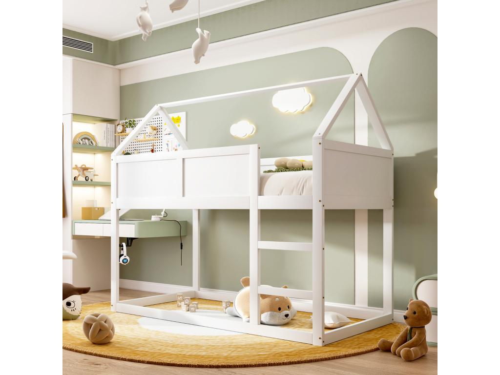 Lit superposé 90x200cm lit cabane enfant avec escalier et 1x sommier à Dekonao en haut cadre en bois massif blanc bois GIAR30096