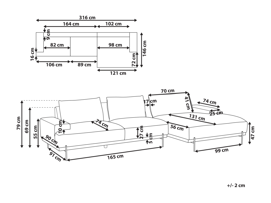 Canapé d'Angle droite Style Minimaliste 3 Places en Tissu Beige et Pieds Métal Nobellea YMUP10380