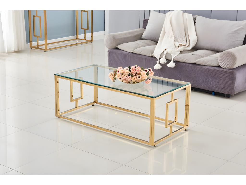 Table basse plateau en verre transparent pieds gold 120 cm - Dekonao YHUO07306