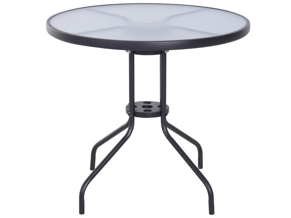 Table ronde Dekonao de jardin dim- 80x72H cm espace installation parasol acier époxy noir plateau verre trempé BFKK80329