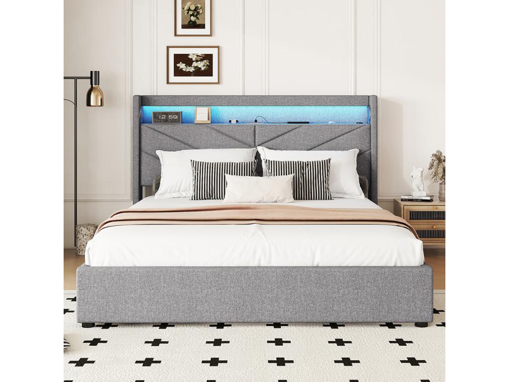 Lit coffre 160x200 cm Sans matelas Lampe d'Dekonao Système hydraulique USB Chaîne hi-fi Linge Gris ADRT43773