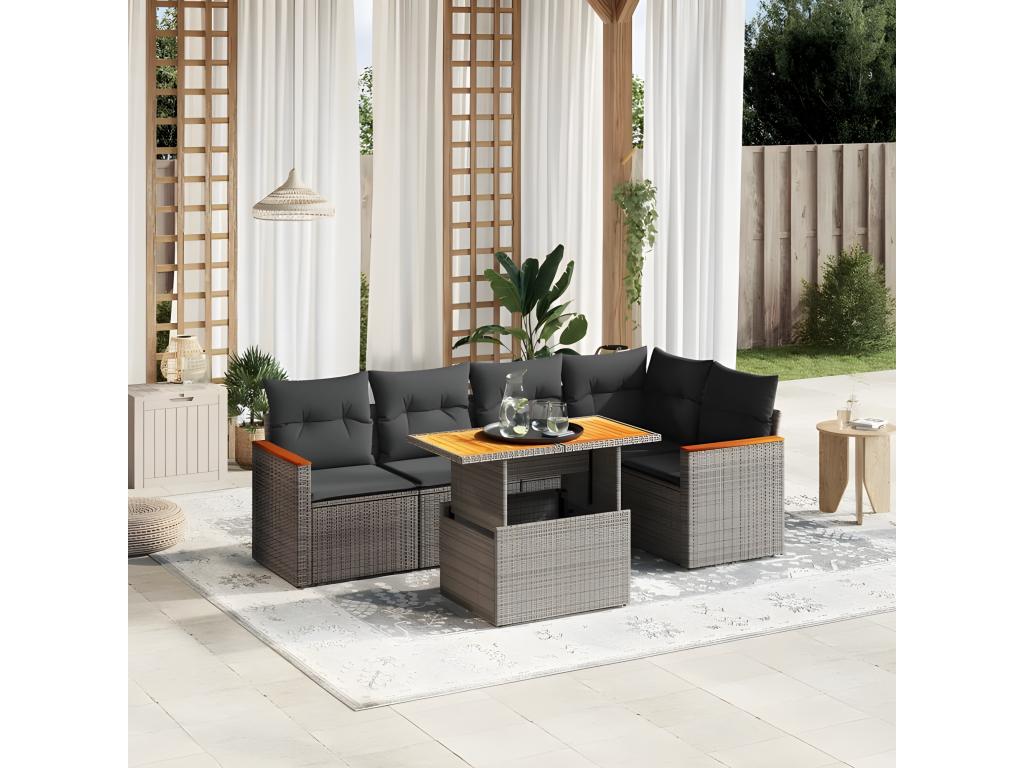 Salon de jardin 6 pcs avec coussins gris résine tressée RTIY52809
