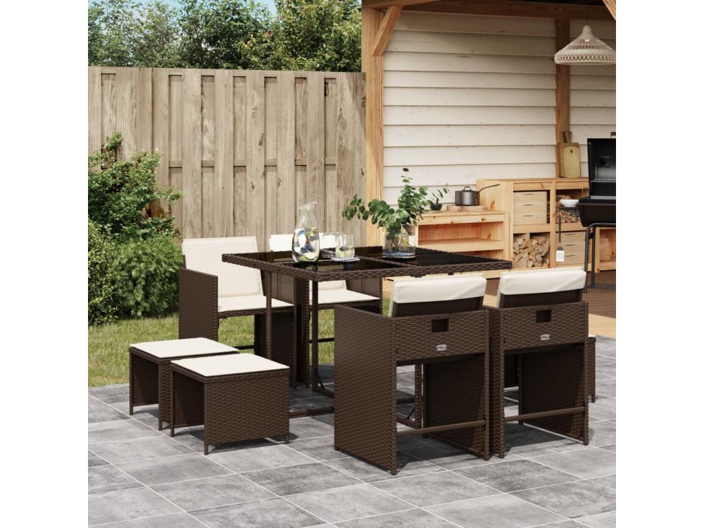 Ensemble à manger de jardin et coussins 9 pièces marron poly rotin VDQF00797