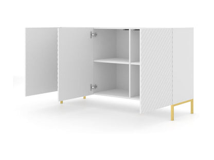 Commode Dekonao 150 cm 3D fraisé blanc mat pieds en métal doré DKHN52892