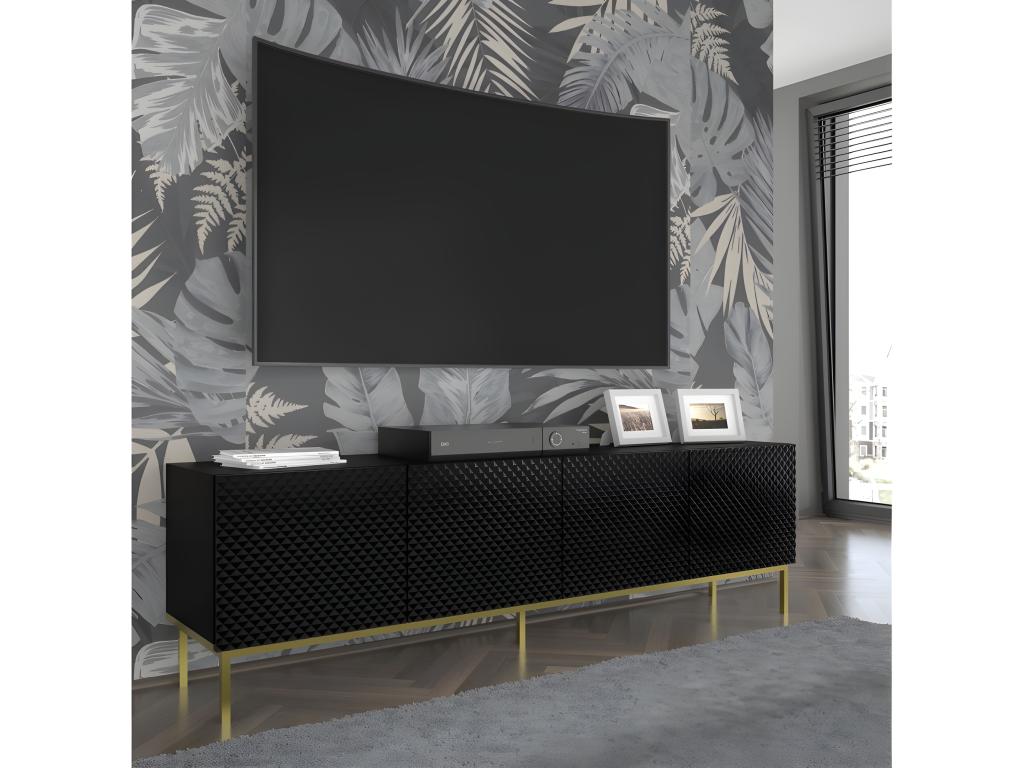 Meuble TV meuble Hi-fi sur pied Noir mat 200x42x58cm RAVI C DIAMANT Pied Cadré or MNNZ15987