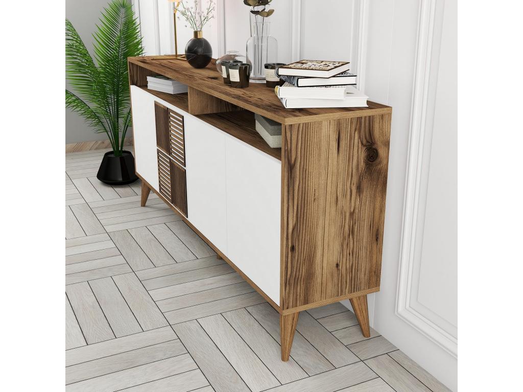 Buffet bas 4 portes et 2 tiroirs Dekonao L160cm Bois et Blanc BKDN96329