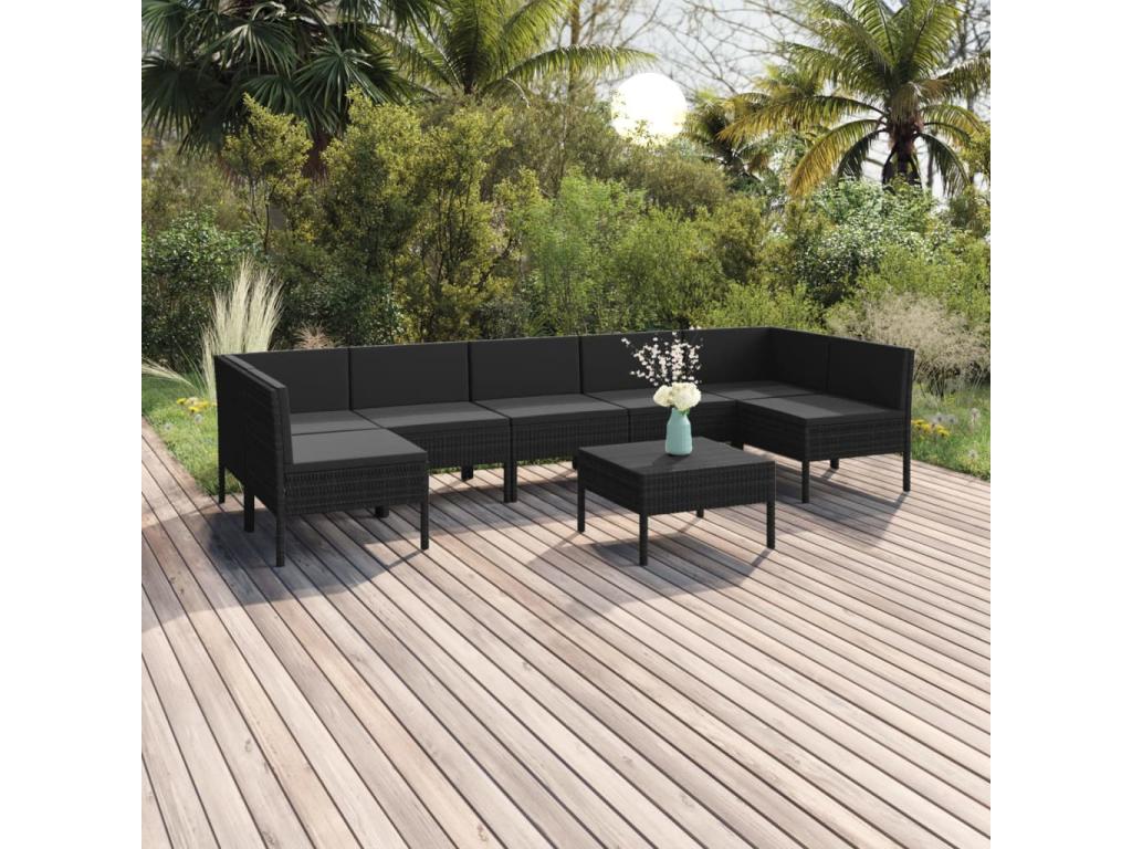 Salon de jardin 8 pièces avec coussins Résine tressée Noir QCHA55054
