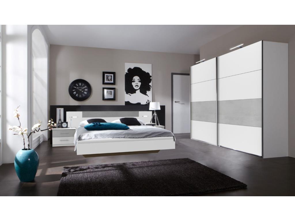 Ensemble chambre adulte Lit Dekonao avec éclairage en Blanc rechampis teinte béton gris clair UVJE67587