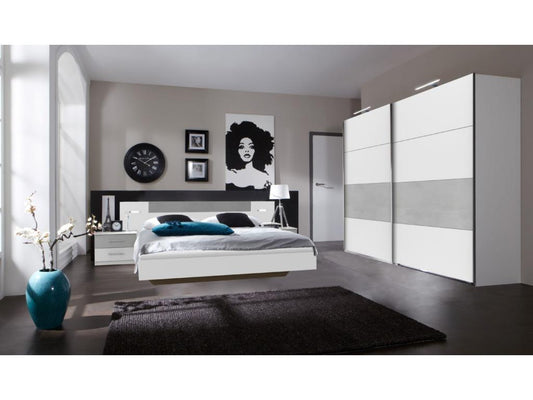 Ensemble chambre adulte Lit Dekonao avec éclairage en Blanc rechampis teinte béton gris clair UVJE67587