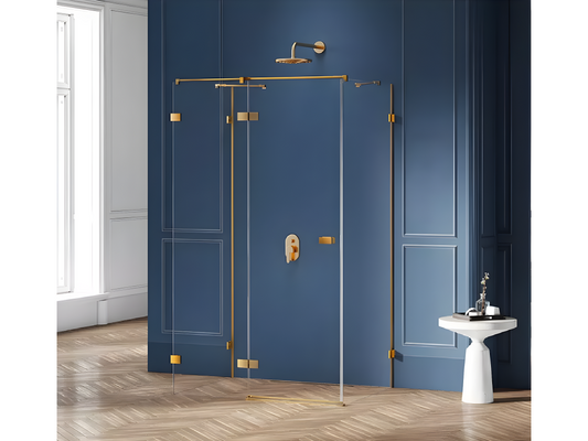 Cabine de douche gauche 110x110 pivotante Nobellea GOLD BRUSHED couleur doré brossé accès de face PEWE92569