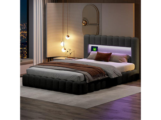 Lit double 140x200cm avec rangements lit de souche avec éclairage LED lin gris BKEC82348