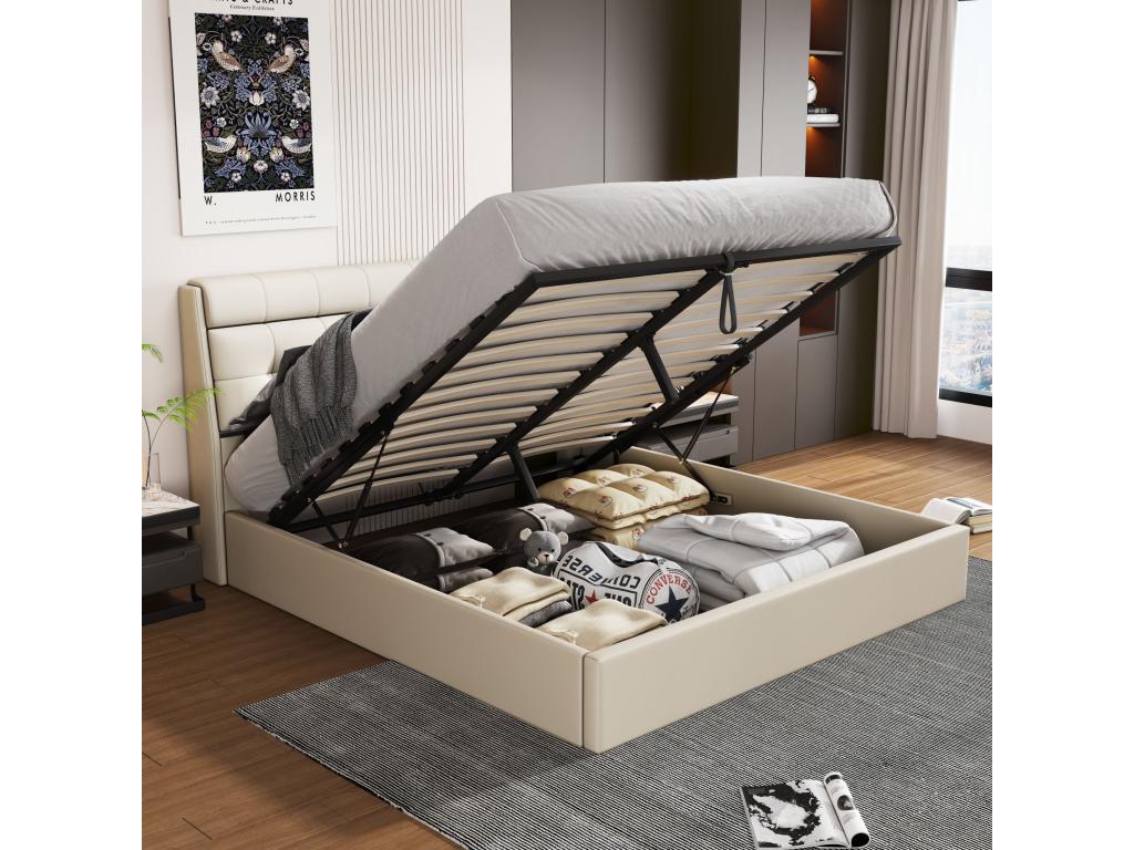 Lit coffre élégant 160x200 cm - étagère tête de lit dissimulée - similicuiir - sommier à Dekonao - blanc ZIYI18973