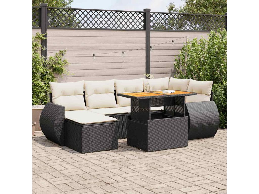 Salon de jardin 7 pcs avec coussins noir résine tressée PRRY90984
