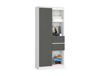 Bibliothèque de bureau Dekonao R15 Blanche 80 cm 1 porte 2 tiroirs façade Gris Graphite 7 étagères 80x35x180 cm VTWB96497