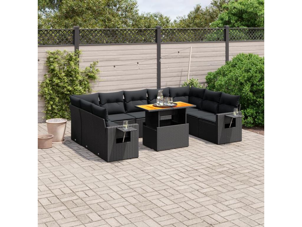 Salon de jardin 10 pcs avec coussins noir résine tressée CFPX55616