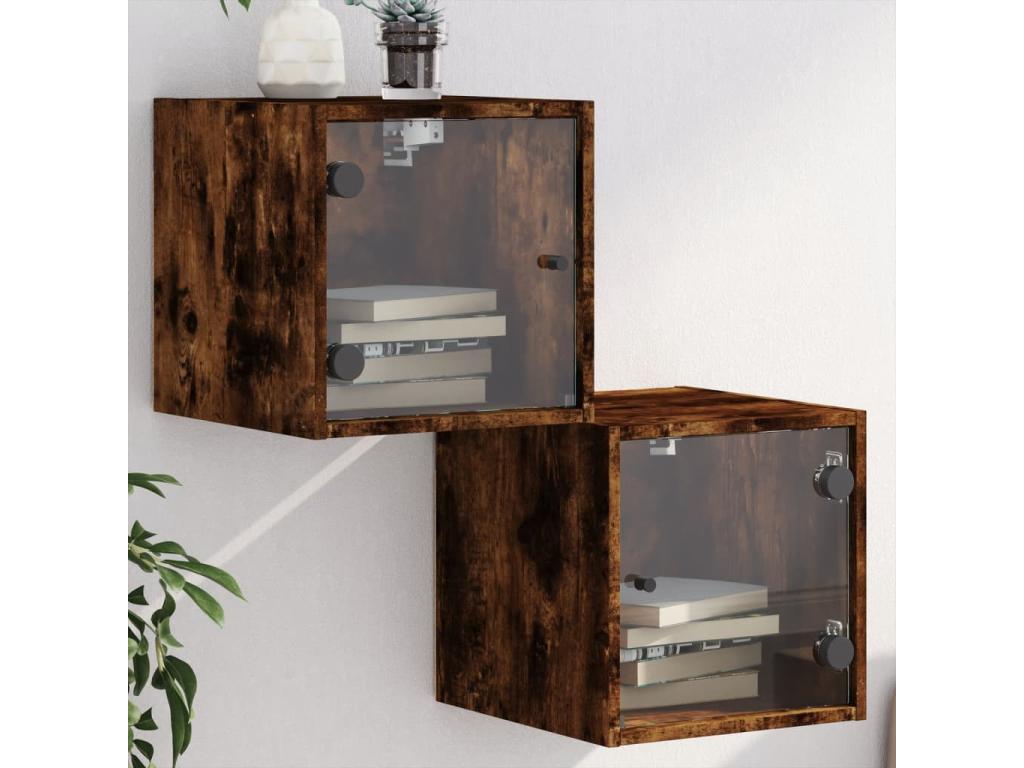 Tables de chevet et portes vitrées 2 pcs chêne fumé 35x37x35 EQRL89355