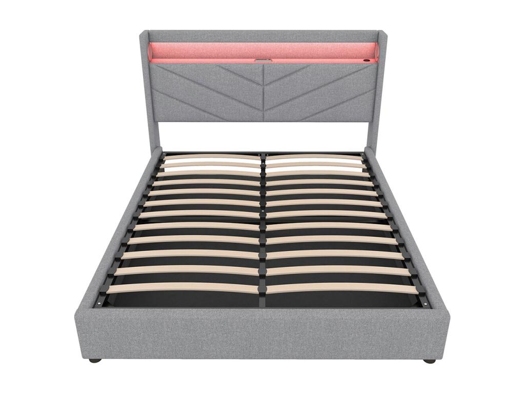 Lit coffre 160x200 cm Sans matelas Lampe d'Dekonao Système hydraulique USB Chaîne hi-fi Linge Gris ADRT43773