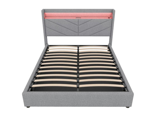 Lit coffre 160x200 cm Sans matelas Lampe d'Dekonao Système hydraulique USB Chaîne hi-fi Linge Gris ADRT43773