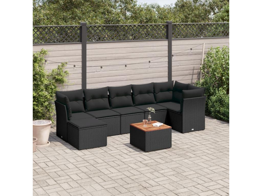 Salon de jardin 8 pcs avec coussins noir résine tressée YKSP11058