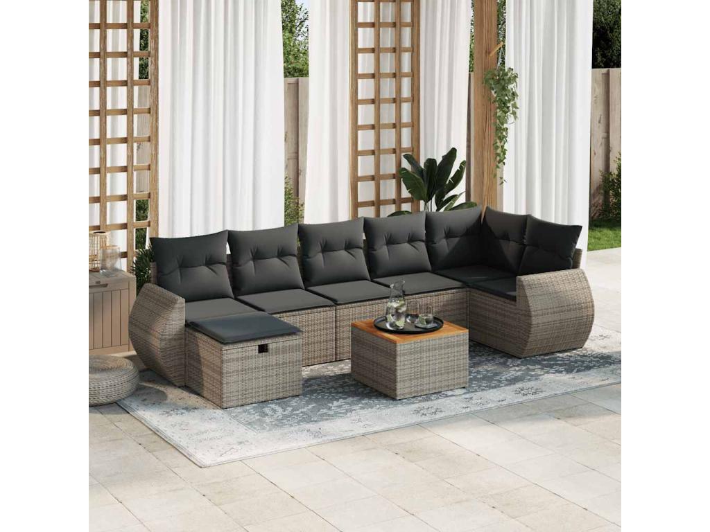 Salon de jardin 8 pcs avec coussins gris résine tressée LFEG62255