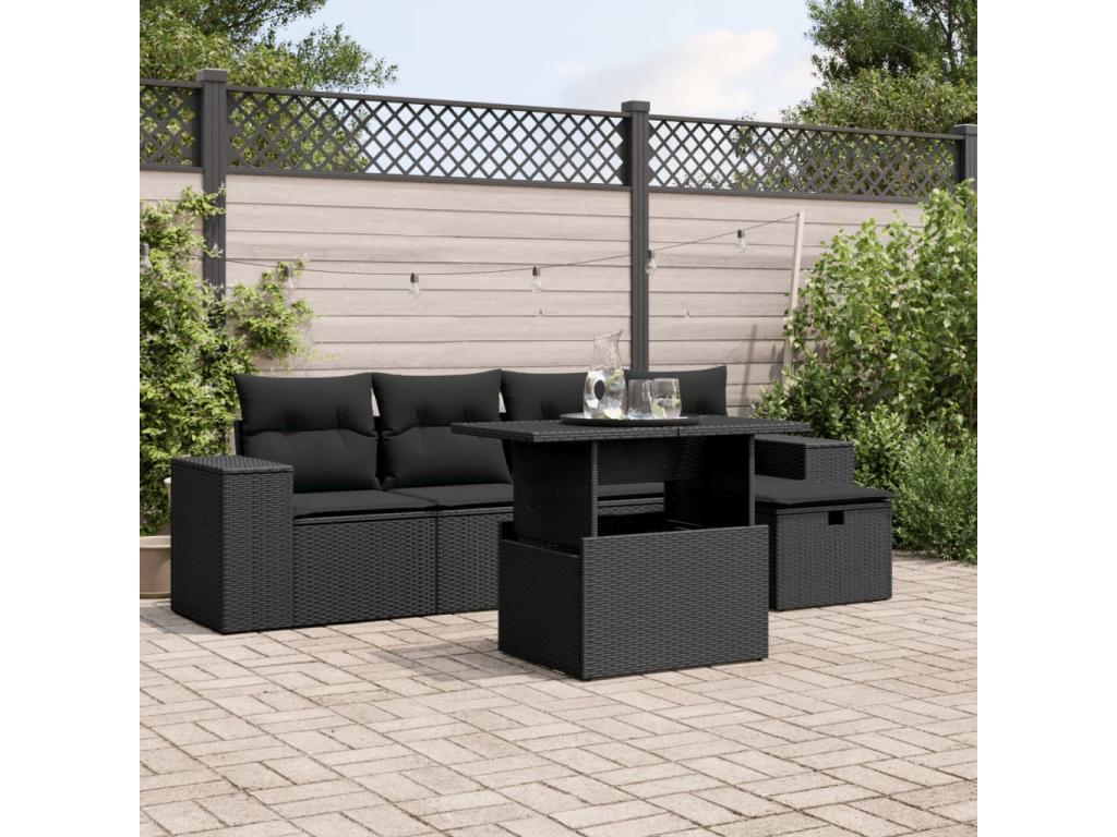 Salon de jardin 6 pièces avec coussins noir résine tressée XOUK75798