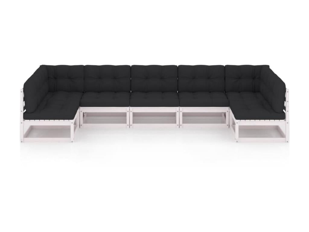 Salon de jardin 7 pcs avec coussins Blanc Bois de pin massif 7 QDJI81376