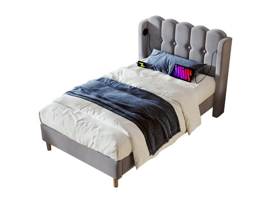 Lit capitonné 90x200 cm pour enfant ou adulte - USB type C - tissu en lin - gris MTFH14830