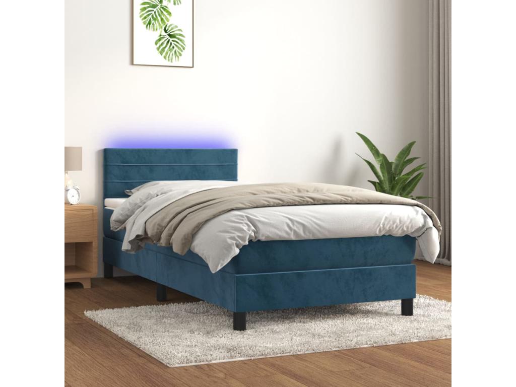 Sommier tapissier et matelas et LED Bleu foncé 80x200cm Velours JQPB78349