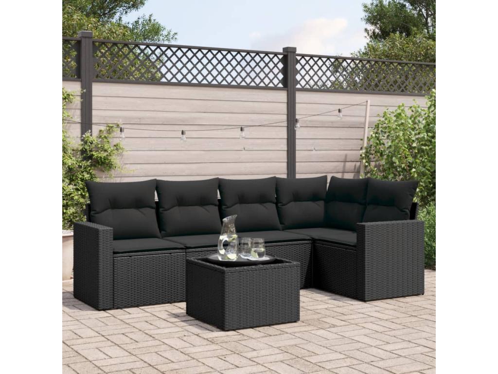 Salon de jardin 6 pcs avec coussins noir résine tressée DKCY34911