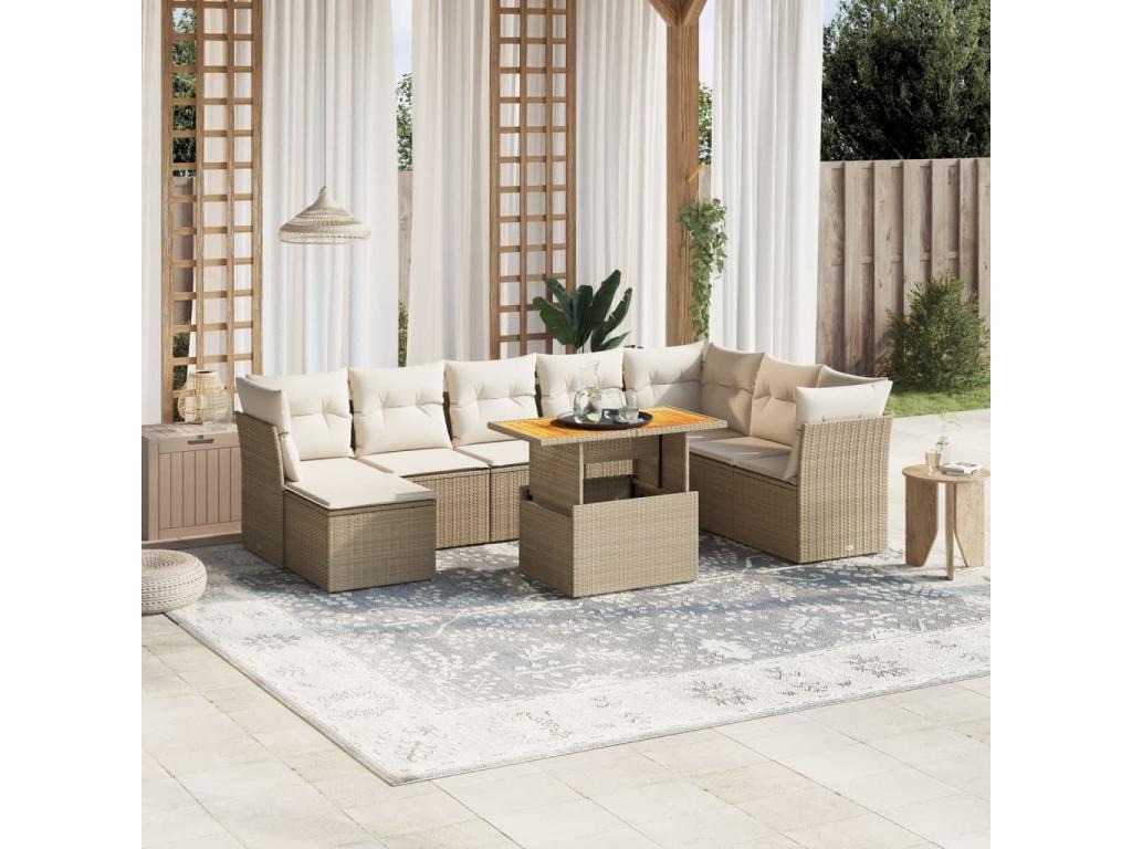 Salon de jardin avec coussins 9 pcs beige résine tressée EYGO55246