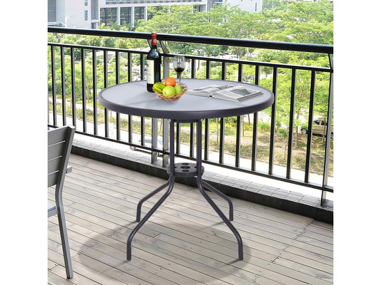 Table ronde Dekonao de jardin dim- 80x72H cm espace installation parasol acier époxy noir plateau verre trempé BFKK80329