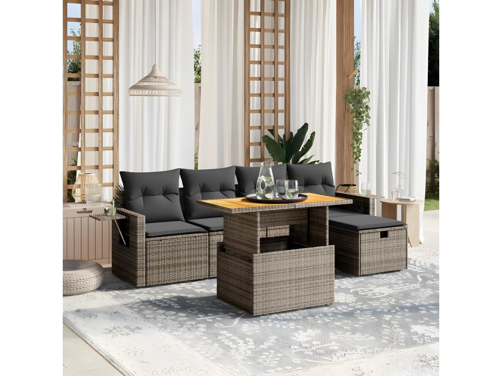 Salon de jardin 6 pièces avec coussins gris résine tressée LJDO45477