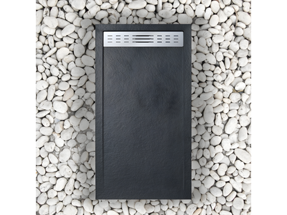 Receveur de douche 80x165 cm avec grille latérale Dekonao Extra Slim noir en résine synthétique et poudre de marbre avec drain BCWH31778