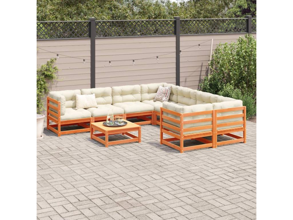 Salon de jardin 9 pcs avec coussins marron cire bois pin massif CPDV15515