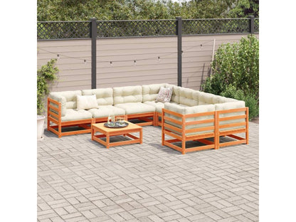 Salon de jardin 9 pcs avec coussins marron cire bois pin massif CPDV15515