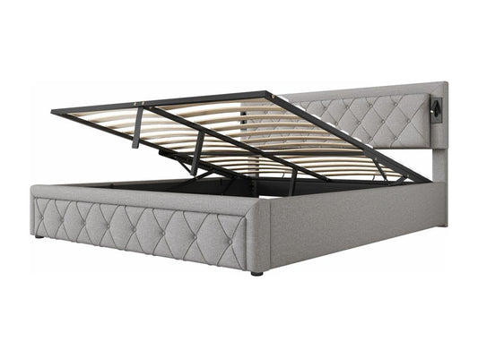 180x200 Lit tapissé avec éclairage d'appoint et port USB lit de rangement double lin gris VJJB56635