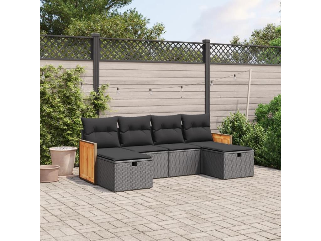 Salon de jardin 6 pcs avec coussins noir résine tressée ONMC16361