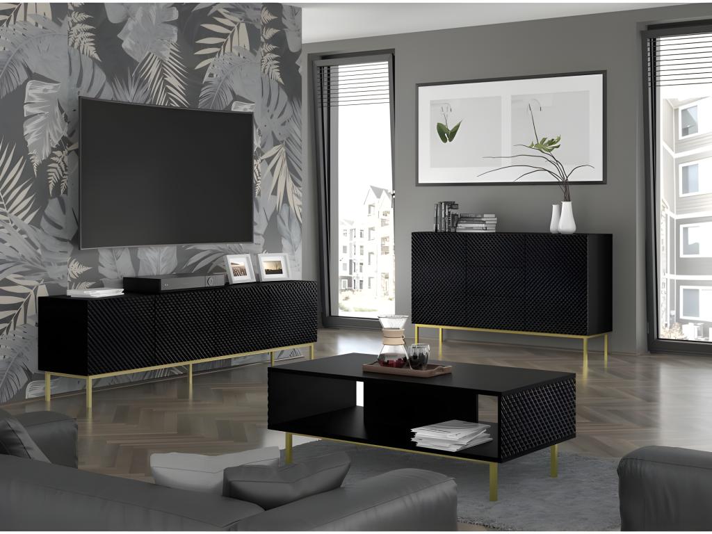 Meuble TV meuble Hi-fi sur pied Noir mat 200x42x58cm RAVI C DIAMANT Pied Cadré or MNNZ15987