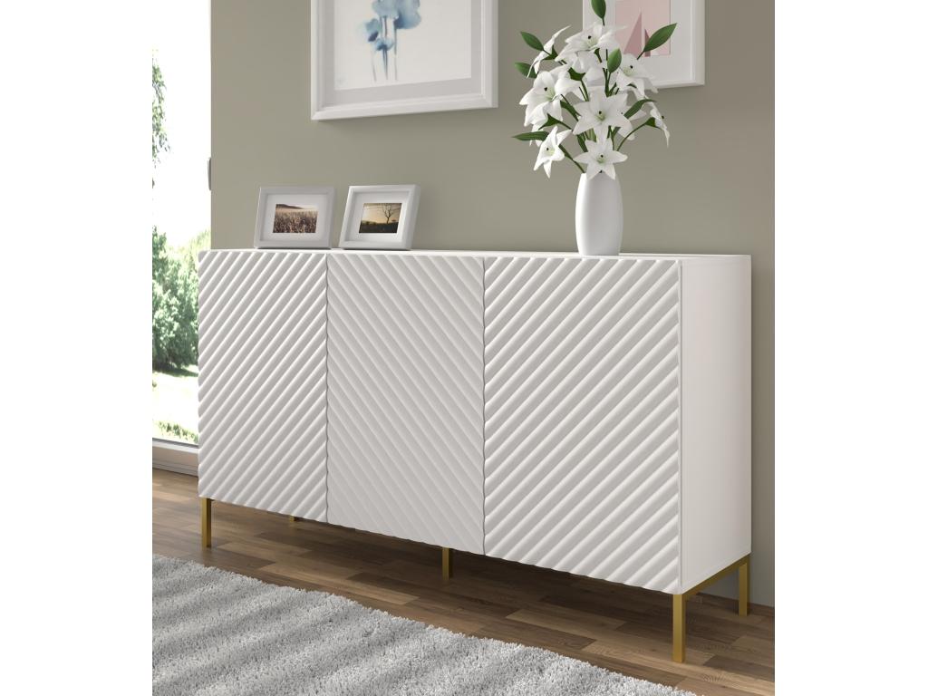 Commode Dekonao 150 cm 3D fraisé blanc mat pieds en métal doré DKHN52892