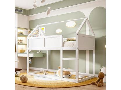 Lit superposé 90x200cm lit cabane enfant avec escalier et 1x sommier à Dekonao en haut cadre en bois massif blanc bois GIAR30096