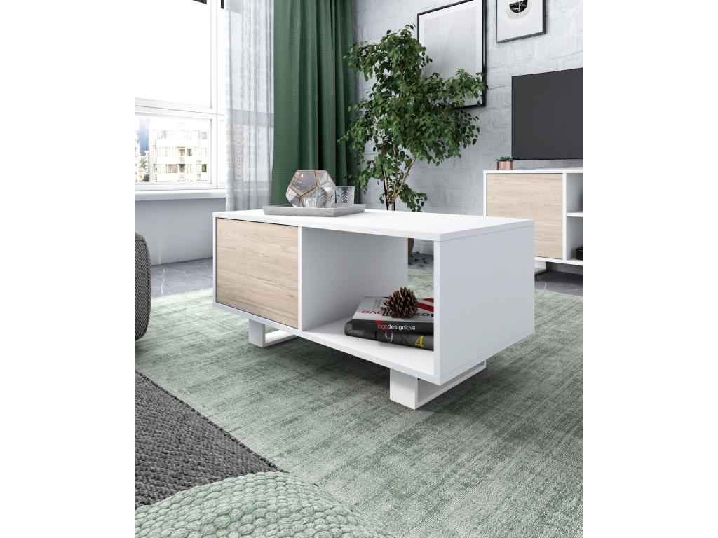 Table basse avec portes Modèle Dekonao structure Blanche portes Chêne. TWME63295