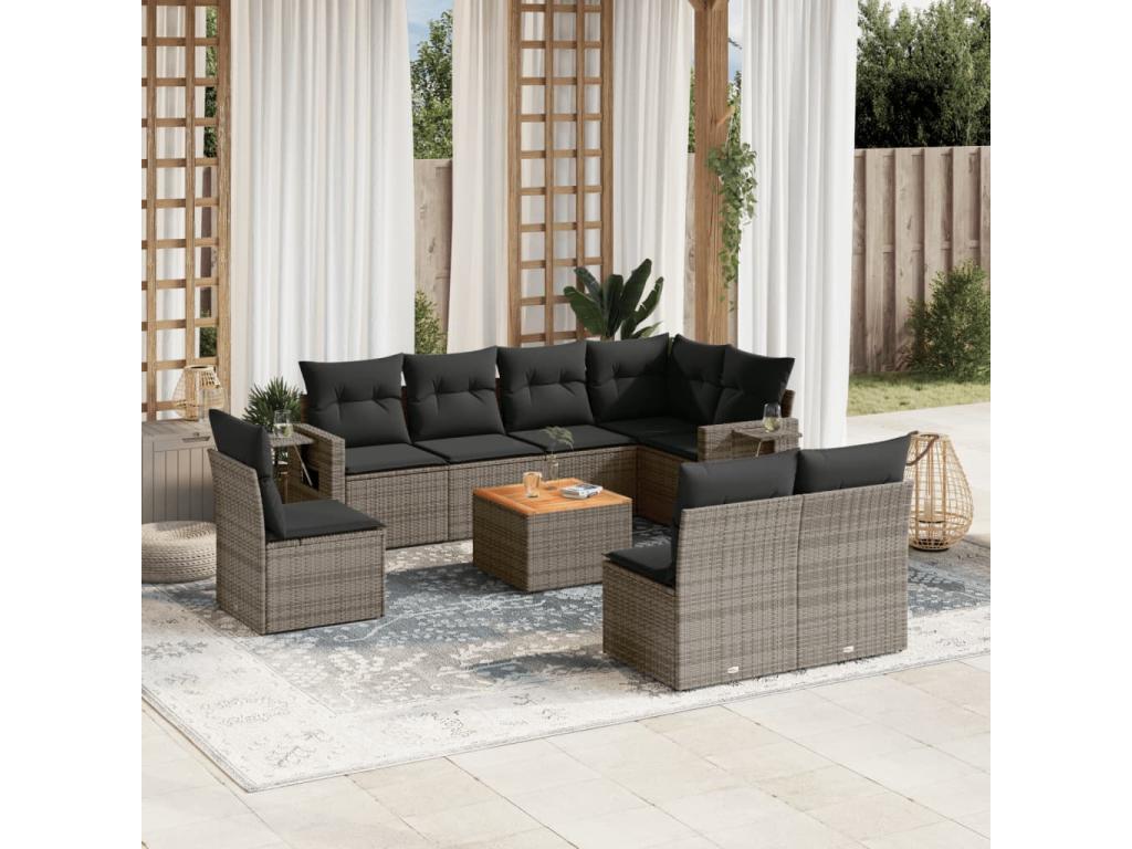 Salon de jardin 9 pcs avec coussins gris résine tressée TTAG84253