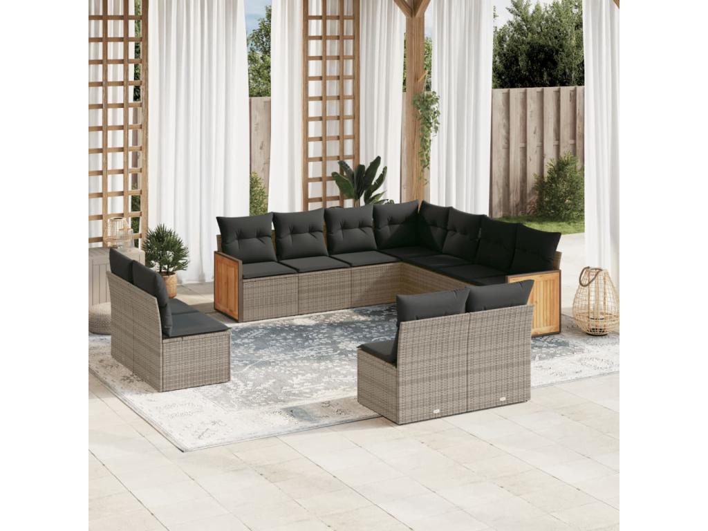 Salon de jardin 11 pièces avec coussins gris résine tressée AHUZ11620