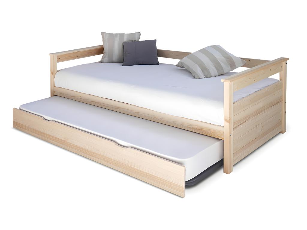 Pack lit gigogne avec 2 matelas 90x200 cm bois massif bois naturel Dekonao KPLY42158